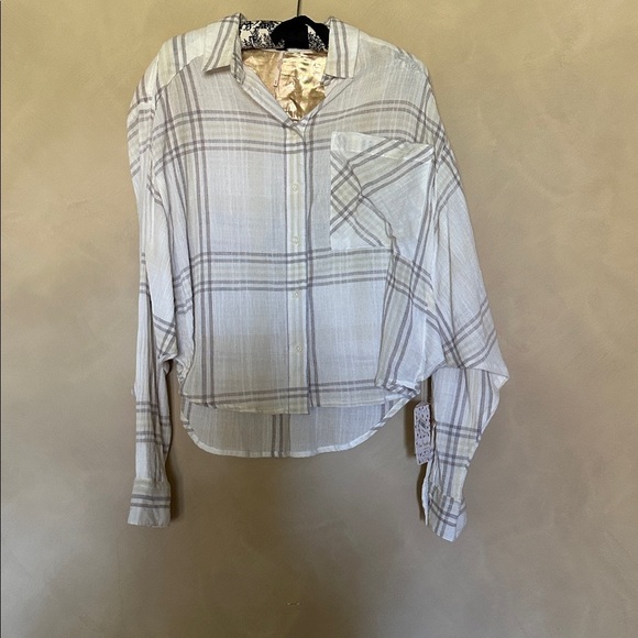 Free People Cutie Plaid Button Down Shirt Top Blouse Dolman Sleeves Ivory .NWT - Picture 4 of 4